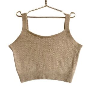 Women’s 70s style tan fuzzy cropped tank top with a square neckline. Size XL.